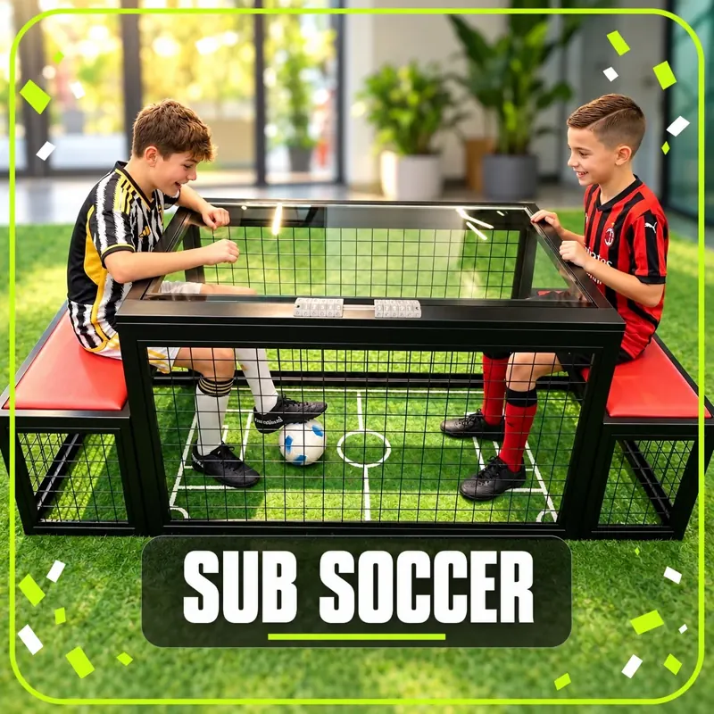 Due ragazzi si sfidano al tavolo Sub Soccer